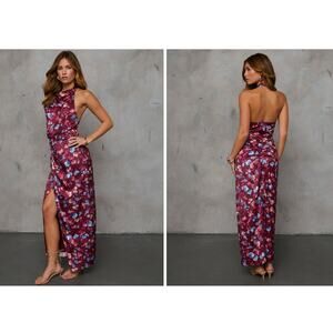 NWT VICI Paritza Floral Halter Neck Satin Maxi Dress Burgundy/Floral / L